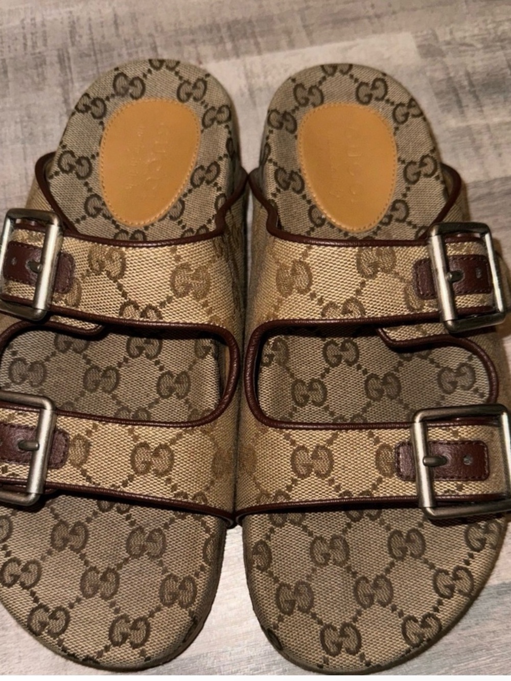 Gucci Beige Brown Monogram Double Buckle Sandals - Picture 2 of 3